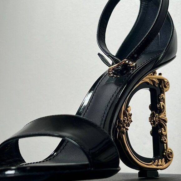 Dolce&Gabbana Black Gold Sculpted-Heel Baroque DG Patent Leather Sandals - Picture 5 of 14